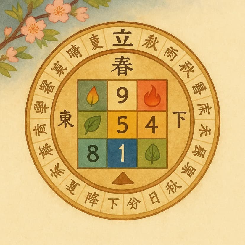 Traditional Nine Star Ki chart showing the Lo Shu square with nine numbered positions, directional associations, and elemental correspondences used in Japanese astrology
